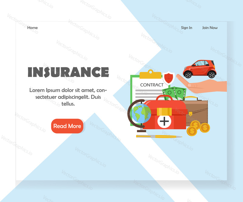 Insurance company landing page template. Vector flat style design concept for website and mobile site development. Health, business risk and auto insurance services.
