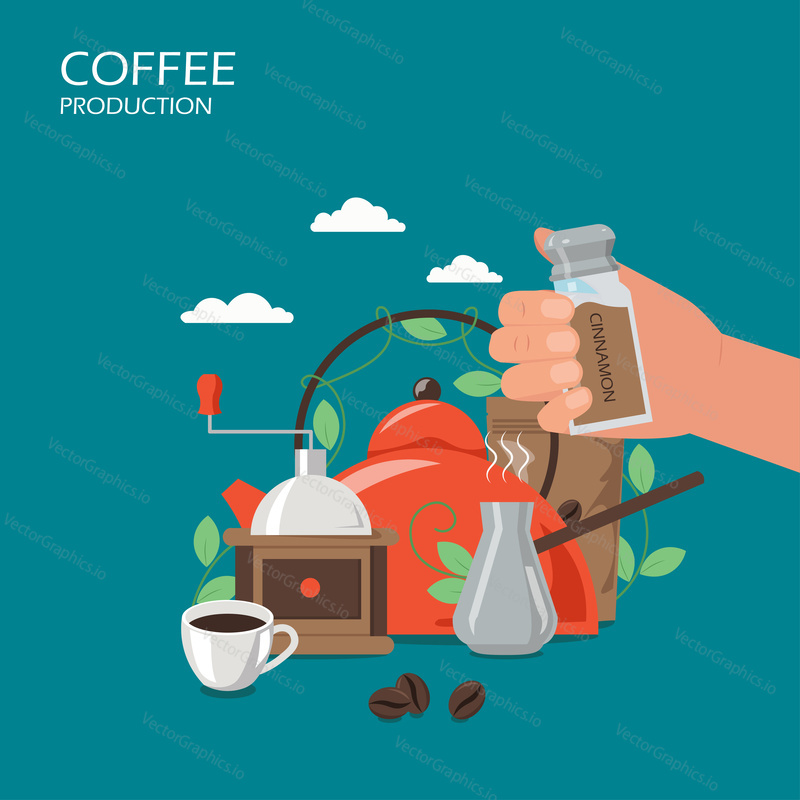 Coffee production vector flat illustration. Turkish cezve pot, grinder, cup of hot drink, kettle, hand holding cinnamon bottle. Healthy cinnamon spiced coffee poster, banner.