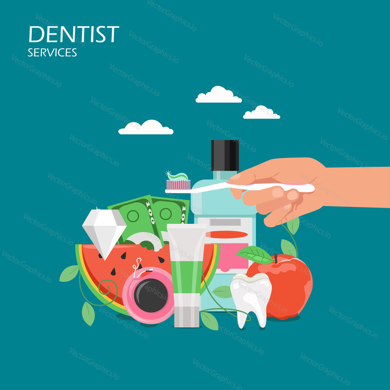 Dentist services concept vector flat illustration. Hand holding toothbrush with toothpaste, mouthwash, healthy tooth, apple, slice of watermelon, diamond, paper money. Dental hygiene poster, banner.