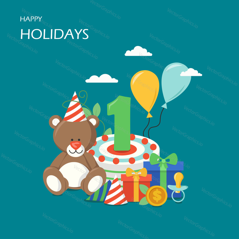 Векторная плоская иллюстрация счастливых праздников. Праздничный торт с номером один, плюшевый мишка, праздничные шляпы, воздушные шары, подарочные коробки, пустышка, долларовая монета. Поздравительная открытка с первым днем рождения, праздничный плакат, баннер.