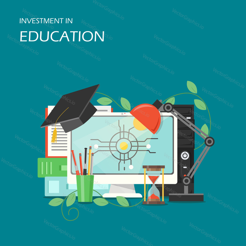 Investment in education concept vector flat illustration. Computer, academic graduation cap, hourglass, desk lamp, stationery. Investing in employee education, growth and development poster, banner.