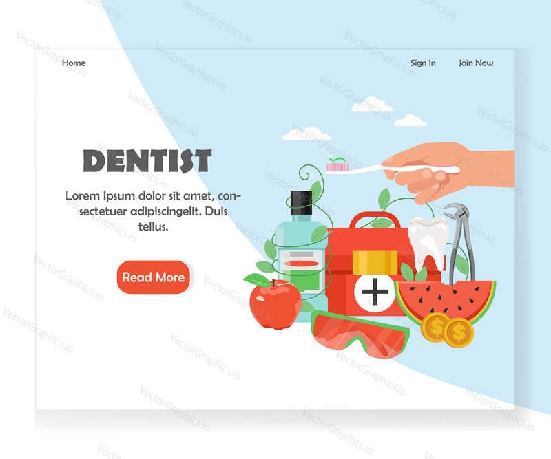 Шаблон целевой страницы стоматолога. Векторная концепция дизайна в плоском стиле для разработки веб-сайтов и мобильных сайтов. Стоматологическая помощь и стоматологические услуги.