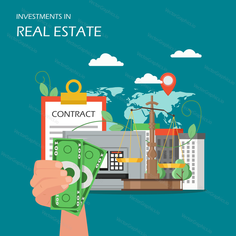 Investments in real estate concept vector flat illustration. Hand holding dollar banknotes, contract buildings scales safe world map with location pin. Real estate investing for profit poster, banner.