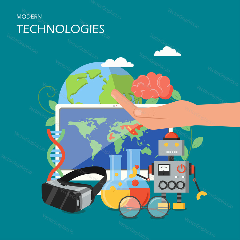 New technologies vector flat illustration. Human brain on hand palm, dna symbol, lab flasks, globe computer with world map, robotics, vr glasses. New technology advancements and products poster banner