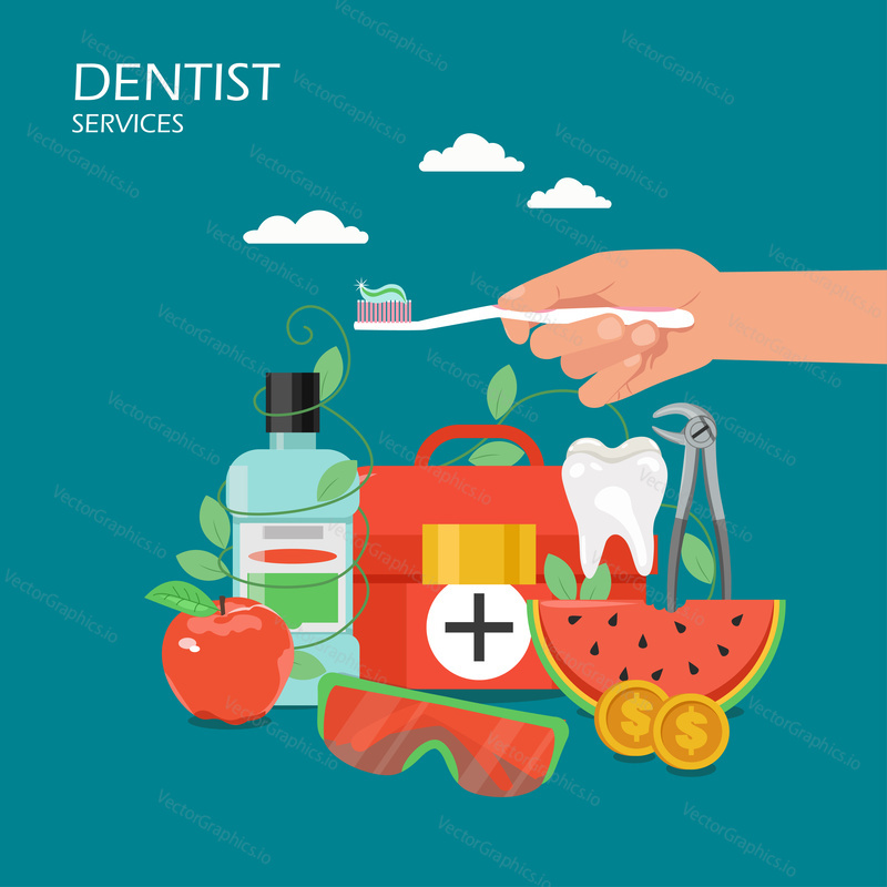 Dentist services concept vector flat illustration. Hand holding toothbrush with toothpaste, mouthwash, healthy tooth, first aid kit, dentist tools. Dental care and teeth health poster, banner.