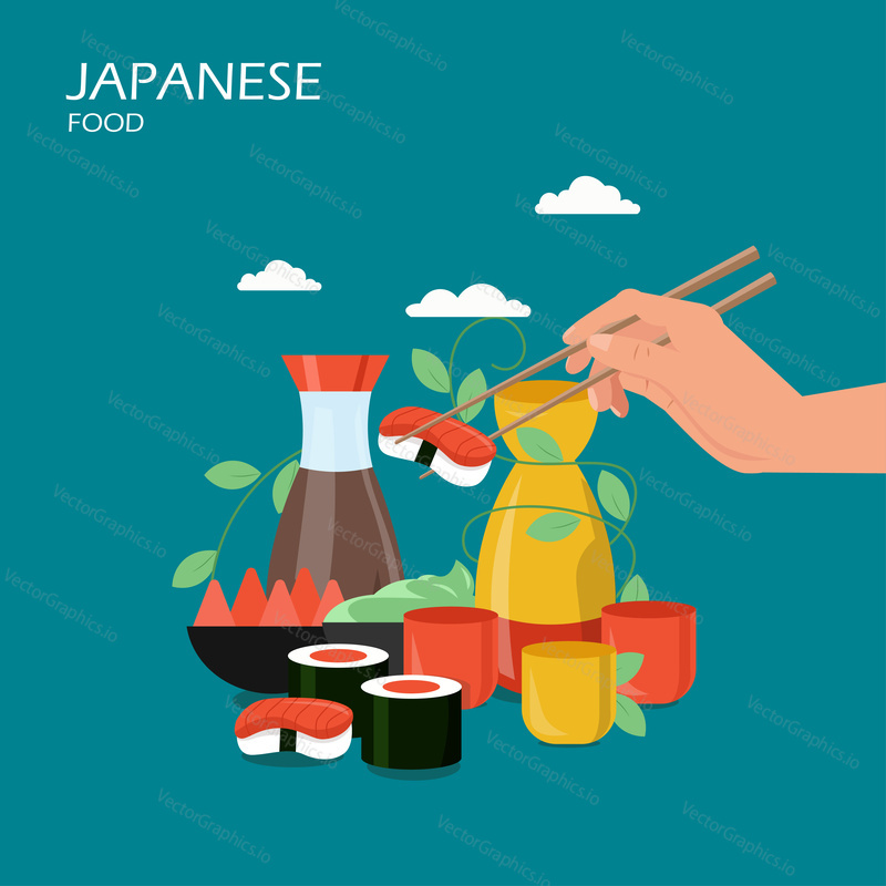 Japanese food vector flat illustration. Japanese sushi rolls, soy sauce, hand holding chopsticks with nigiri sushi. Asian cuisine poster, banner.