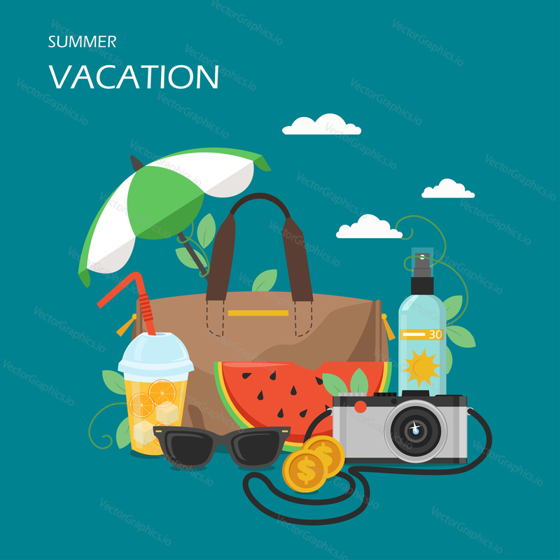 Summer vacation vector flat illustration. Bag and beach accessories sun umbrella, sunscreen, camera, glass of lemonade, slice of watermelon, sunglasses, dollar coins. Summertime holidays poster.