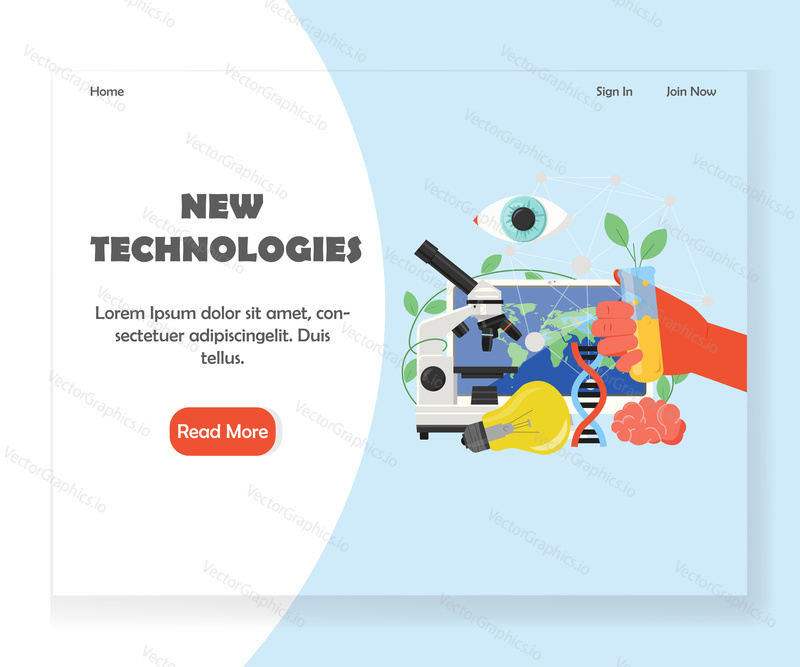 New technologies landing page template. Vector flat style design concept for website and mobile site development. Scientific and technical innovative ideas, discoveries.