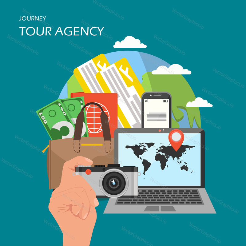 Tour agency poster banner. Vector flat illustration. Globe, smartphone, plane tickets, bag with passport and money, laptop with world map location pin on screen, hand holding camera. Worldwide journey