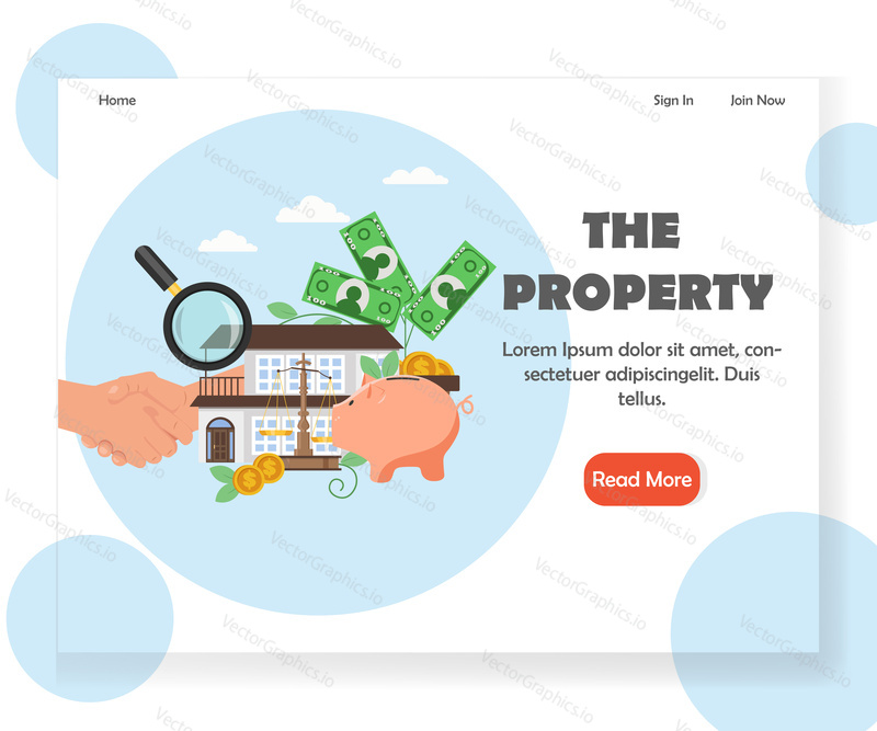 Property landing page template. Vector flat style design concept for real estate website and mobile site development. House investment, financial growth, savings money.