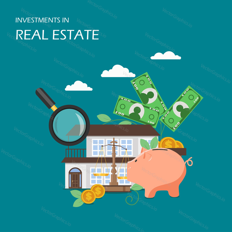 Investments in real estate vector flat illustration. House, money tree, piggy bank, magnifying glass. House investment for profit, financial growth poster banner.