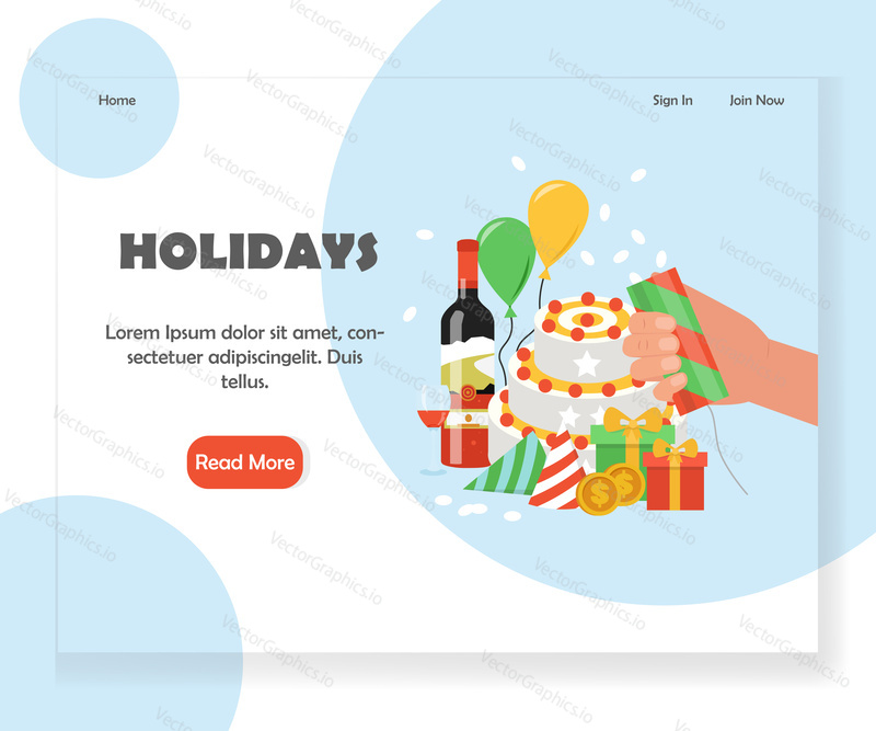 Happy holidays landing page template. Vector flat style design concept for party and celebration event agency website and mobile site development. Special event and happy birthday party celebration.