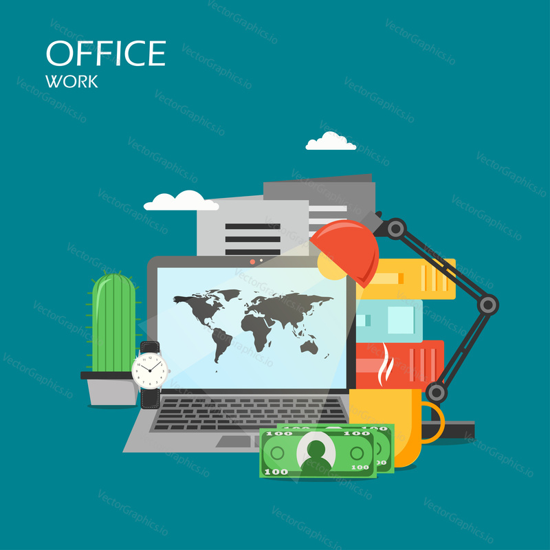 Office work vector flat style design illustration. Laptop with world map on screen, cactus, cup of tea, desk lamp, folders, watch, paper money. Modern office workplace, workspace poster, banner.