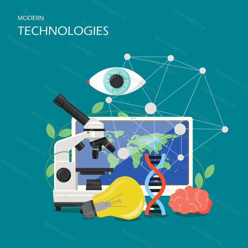 New technologies vector flat style design illustration. Human brain, microscope, dna symbol, eye, light bulb. Innovation, creative thinking, biotechnology science research poster, banner.