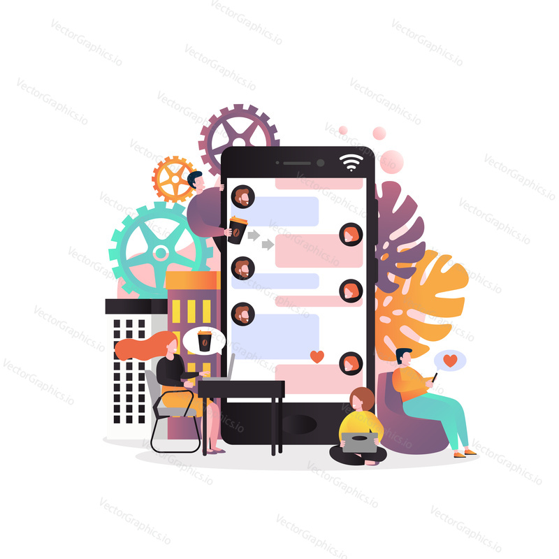 Vector illustration of big mobile phone and characters texting messages using laptop, tablet. Online communication, virtual relationships and social networking concepts for web banner, website page.