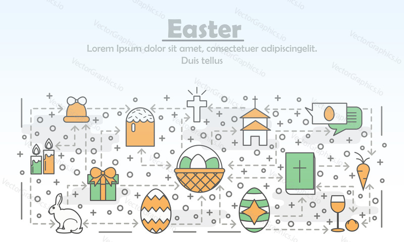 Easter advertising poster banner template. Easter basket, cake, eggs, bunny, church, bible, gift box etc. Vector thin line art flat style design elements, icons for web banner and printed materials.