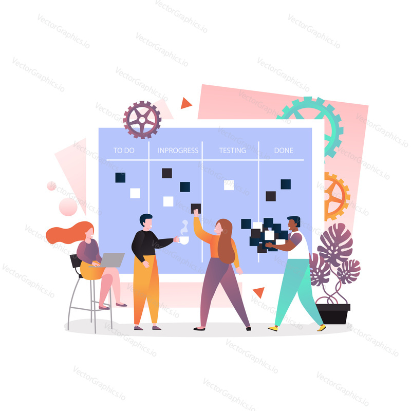 Vector illustration of programmers moving kanban sticky notes on whiteboard while developing software using agile kanban methodology. Visual process management concept for web banner, website page.