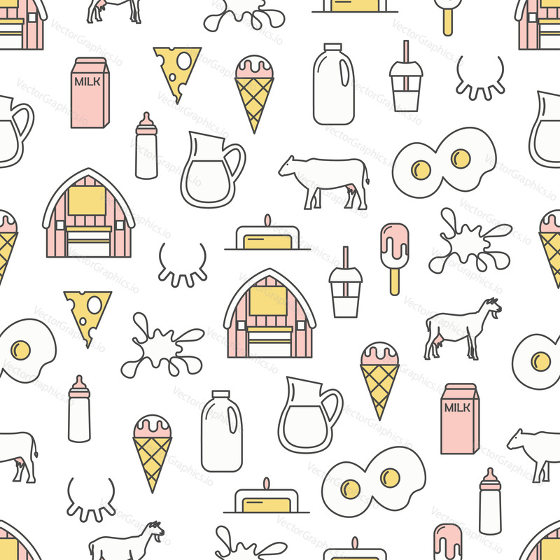 Vector seamless pattern with milk and dairy products symbols, icons. Thin line art flat style design dairy background, wallpaper.