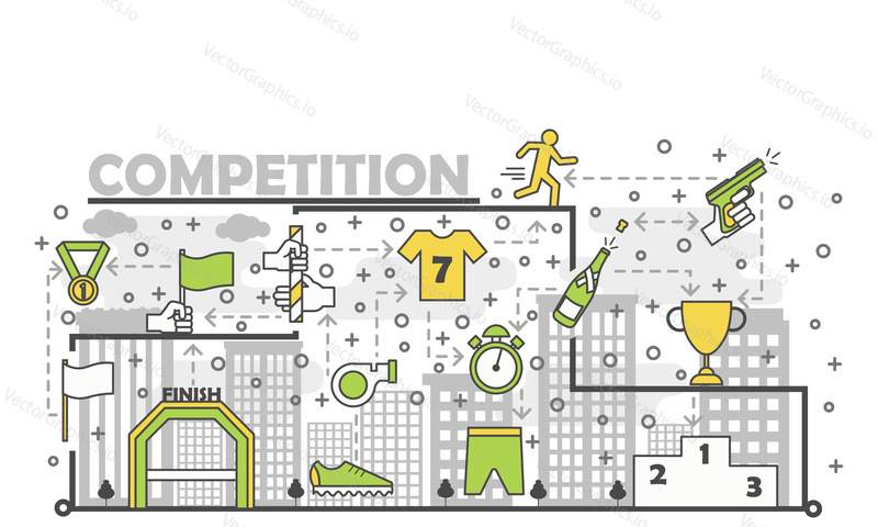 Sport competition poster banner template. Medallion with ribbon, trophy cup, clothing, relay race etc. Vector thin line art flat style design elements, icons for website banner and printed materials.