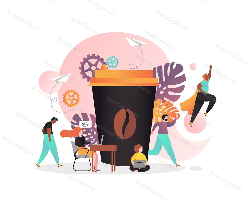 Векторная иллюстрация большой чашки кофе в дорогу и усталых сонных сотрудников, думающих о кофе и активных и полных энергии после употребления кофе. Концепция кофе-брейка для веб-баннера, страницы веб-сайта и т.д.