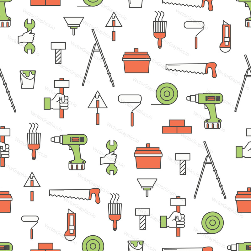 Vector seamless pattern with hand work tools for construction, home repair, renovation. Thin line art flat style design repair background, wallpaper.
