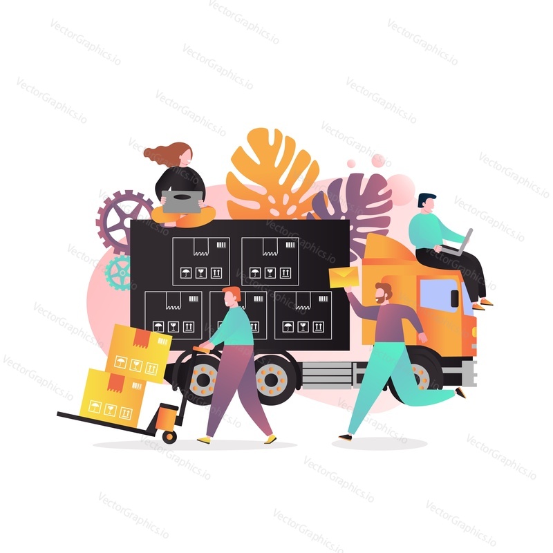 Vector illustration of delivery truck, loader pushing cart with cardboard boxes. Fast delivery concept for web banner, website page etc.