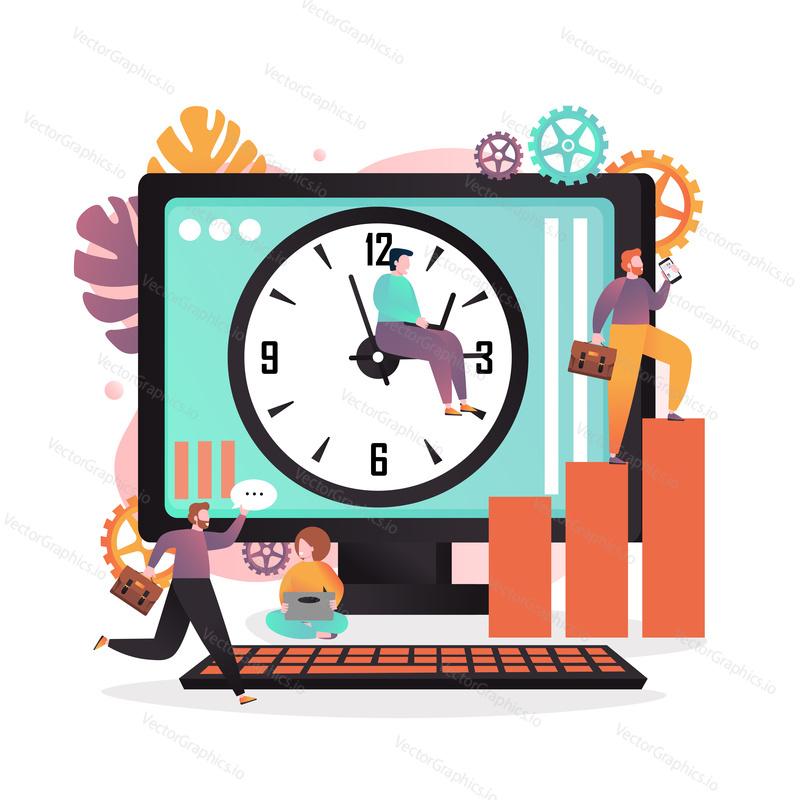 Vector illustration of big computer monitor with man sitting on clock hand, employees engaged in their work. Productivity and time management apps, deadline concept for web banner, website page.