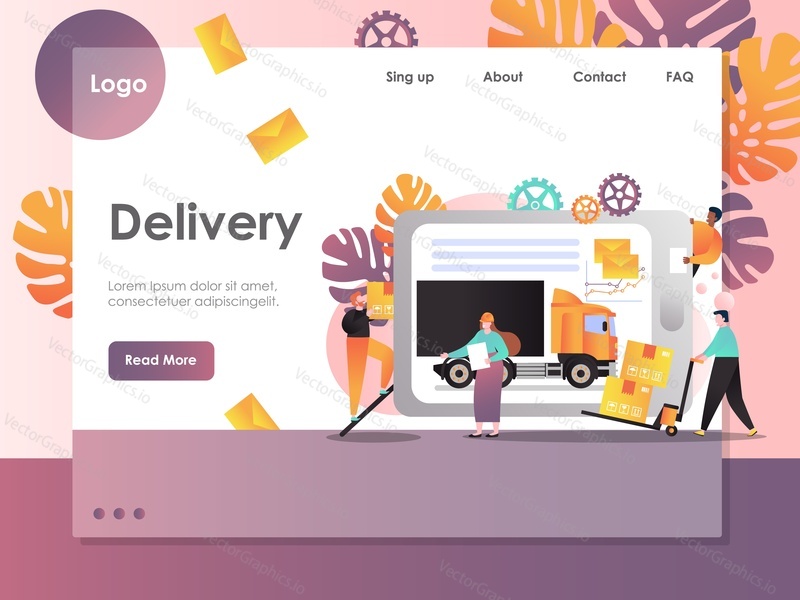 Delivery vector website template, web page and landing page design for website and mobile site development. Urgent courier express parcel or package delivery service online concept.