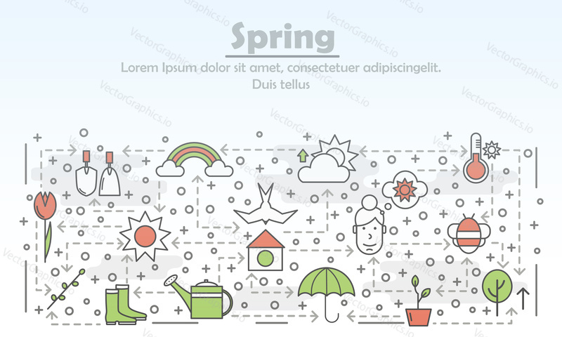 Spring advertising poster banner template. Garden tools and clothes, spring season symbols. Vector thin line art flat style design elements, icons for website banners and printed materials.