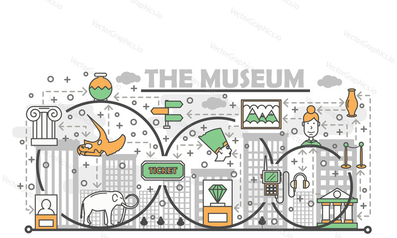 Museum poster banner template. Ancient Egypt artifacts, animal remains, art museum exhibits etc. Vector thin line art flat style design elements, icons for website banners and printed materials.