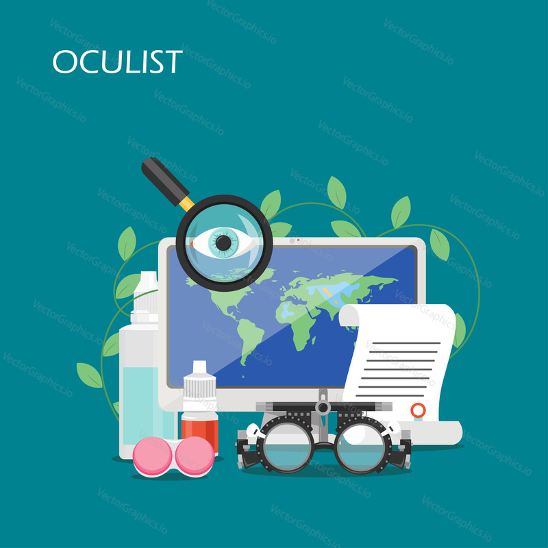 Oculist vector flat illustration. Computer, eye drops, contact lenses container and solution, prescription, trial frame. Optometry, eye test and vision correction equipment for web banner webpage etc.