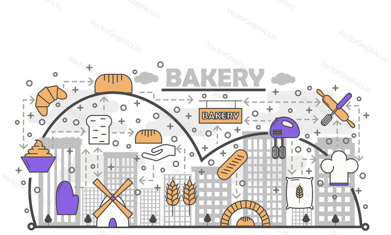 Dynamic bread baking process with line art flat icons. Bakery creative concept in urban environment. Home bakehouse vector collage with bakeshop design elements as loaf, flour, dough, kitchen equipment etc.