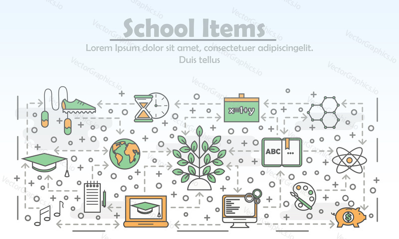 School items advertising poster banner template. Vector thin line art flat style design elements, icons for website banners and printed materials.