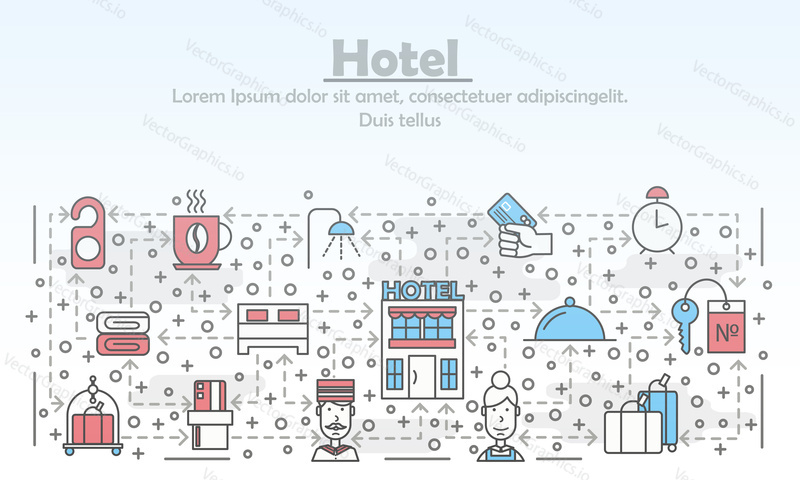 Hotel advertising poster banner template. Vector thin line art flat style design elements, icons for web banners and printed materials.