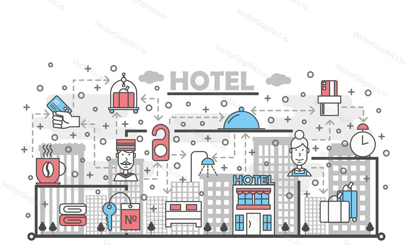 Hotel poster banner template. Vector thin line art flat style design elements, icons for web banners and printed materials.