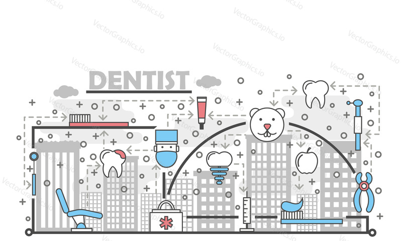 Шаблон баннера с плакатом стоматолога. Зуб, имплантат, зубная паста, зубная щетка, стоматологическое оборудование. Векторные элементы дизайна в плоском стиле с тонкой линией, иконки для баннера веб-сайта, печатные материалы.