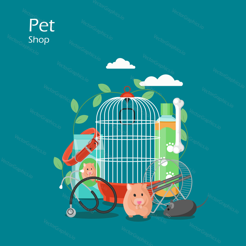 Pet shop vector flat style design illustration. Hamster, bird cage, food, bone, mouse toy, shampoo bottle, dog collar, vet stethoscope. Pet store product composition for web banner, website page etc.