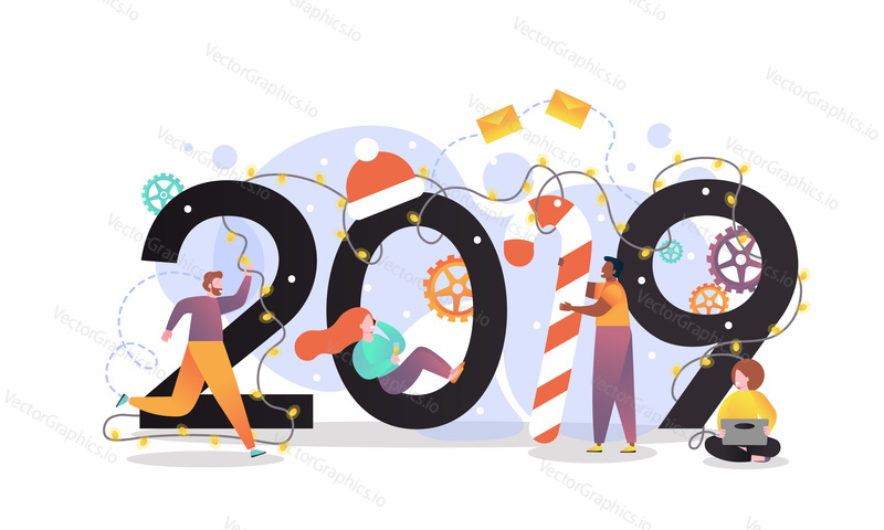 New Year 2019 vector concept for web banner, website page. 2019 numbers, cartoon characters, christmas lights, candy cane. New year party celebration concept for web banner, website page etc.