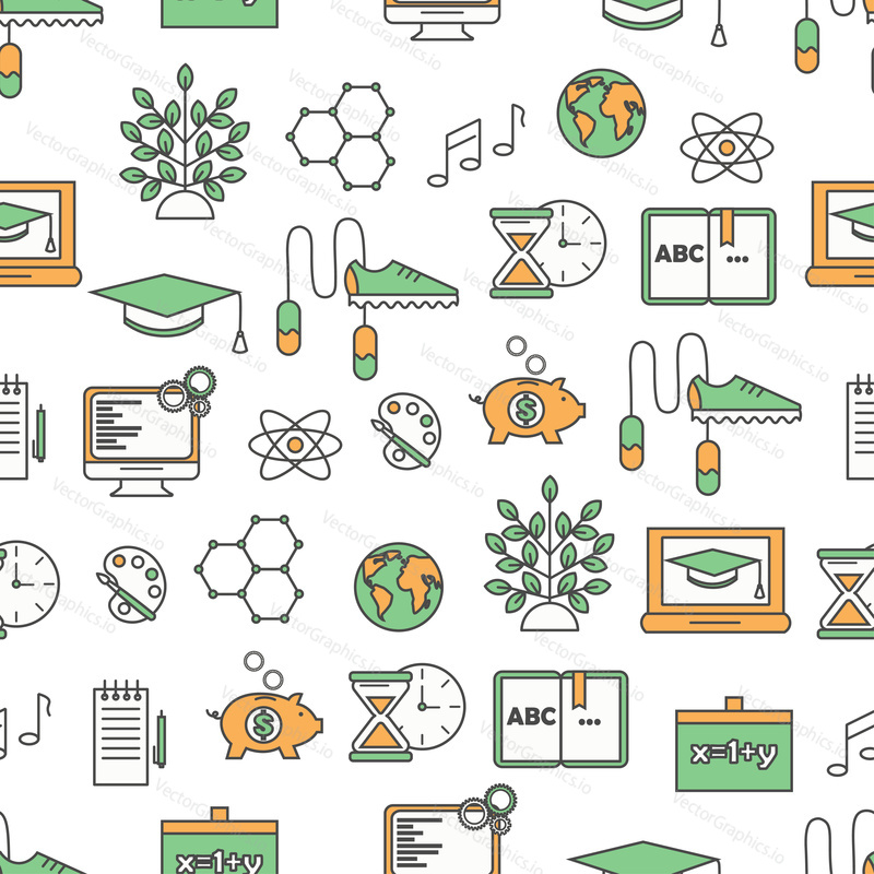 Vector seamless pattern with school items. Thin line art flat style design school background, wallpaper.