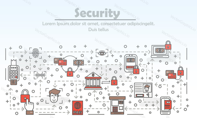 Шаблон баннера рекламного плаката безопасности. Защита данных, компьютерная безопасность векторные тонкие линии, элементы дизайна в плоском стиле, иконки для баннеров веб-сайтов и печатных материалов.