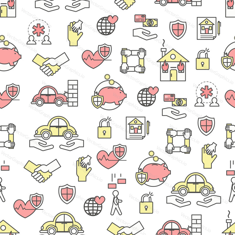 Vector seamless pattern with life, health, property, deposit insurance symbols, design elements. Thin line art flat style design insurance background, wallpaper.