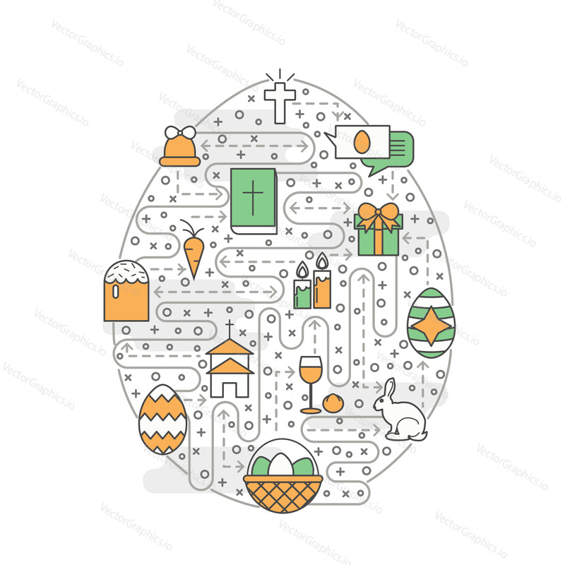 Easter egg shaped poster banner template. Easter basket, cake, eggs, bunny, church, bible, gift box etc. Vector thin line art flat style design elements, icons for website banner and printed materials