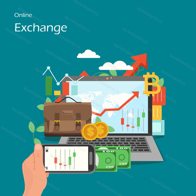 Online exchange vector flat illustration. Laptop and smartphone with candlestick charts on screens, money, dollar coin, bitcoin sign. Stock market trading composition for web banner, website page etc.