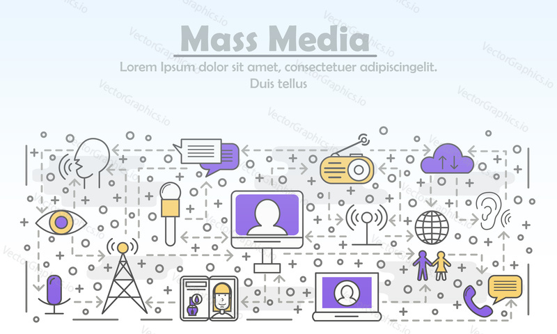 Mass media advertising poster banner template. Vector thin line art flat style design elements, icons for website banners and printed materials.