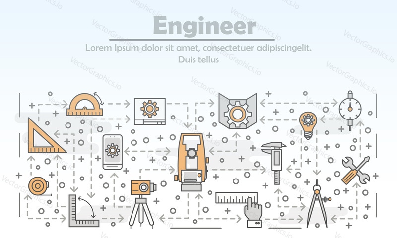 Шаблон баннера рекламного плаката инженера. Измерительные инструменты и устройства векторные тонкие линии, элементы дизайна в плоском стиле, иконки для баннера веб-сайта и печатных материалов.