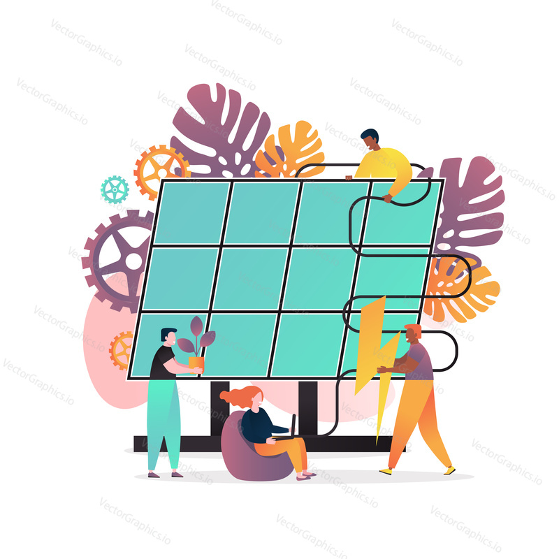 Vector illustration of solar power panel and consumers cartoon characters. Alternative energy concept for web banner, website page etc.