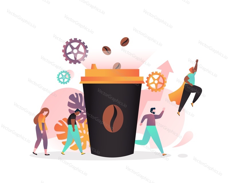 Vector illustration of big disposable coffee cup and exhausted characters thinking about coffee and active flying like superman after coffee drink. Coffee benefits concept for web banner, website page