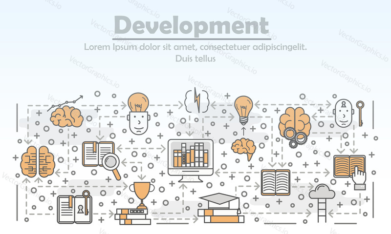 Brain training, brainstorming, innovation, creative thinking poster banner template. Development concept vector thin line art flat style design elements, icons for website banner and printed materials