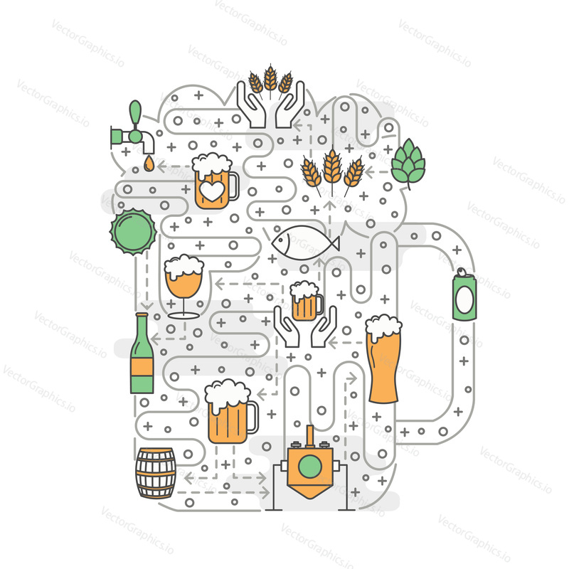 Beer mug shape poster banner template. Vector thin line art flat style design elements, icons for website banners and printed materials.