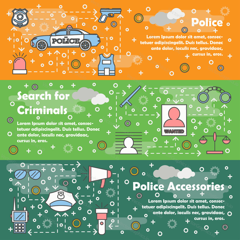 Police service web banner template set. Police, Search for criminals, Police accessories concept thin line art flat style design elements.